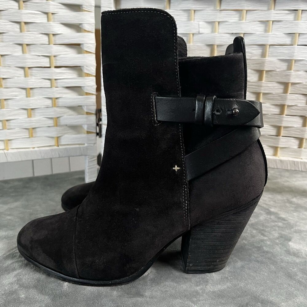 Rag & Bone Kinsey Black Suede Ankle Boots Strap Block Heel Moto EU 39/US 8.5